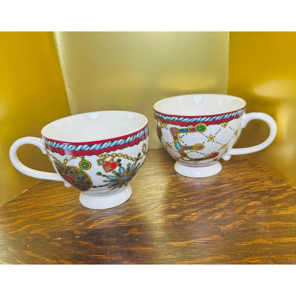 Brighton Jewel Love Heart Coffee Mugs Set of 2 Large Ceramic Footed Tea Cups